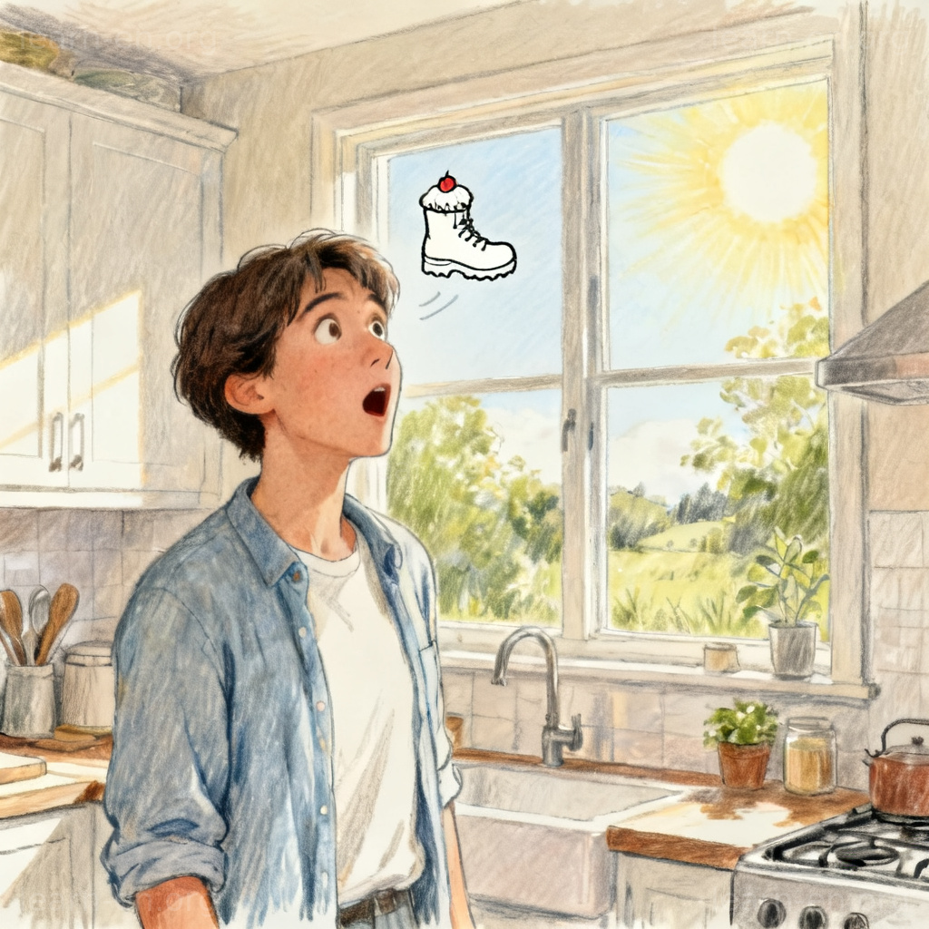 notion 冲动图解：人物突发灵感，脑中浮现蛋糕或登山靴草图