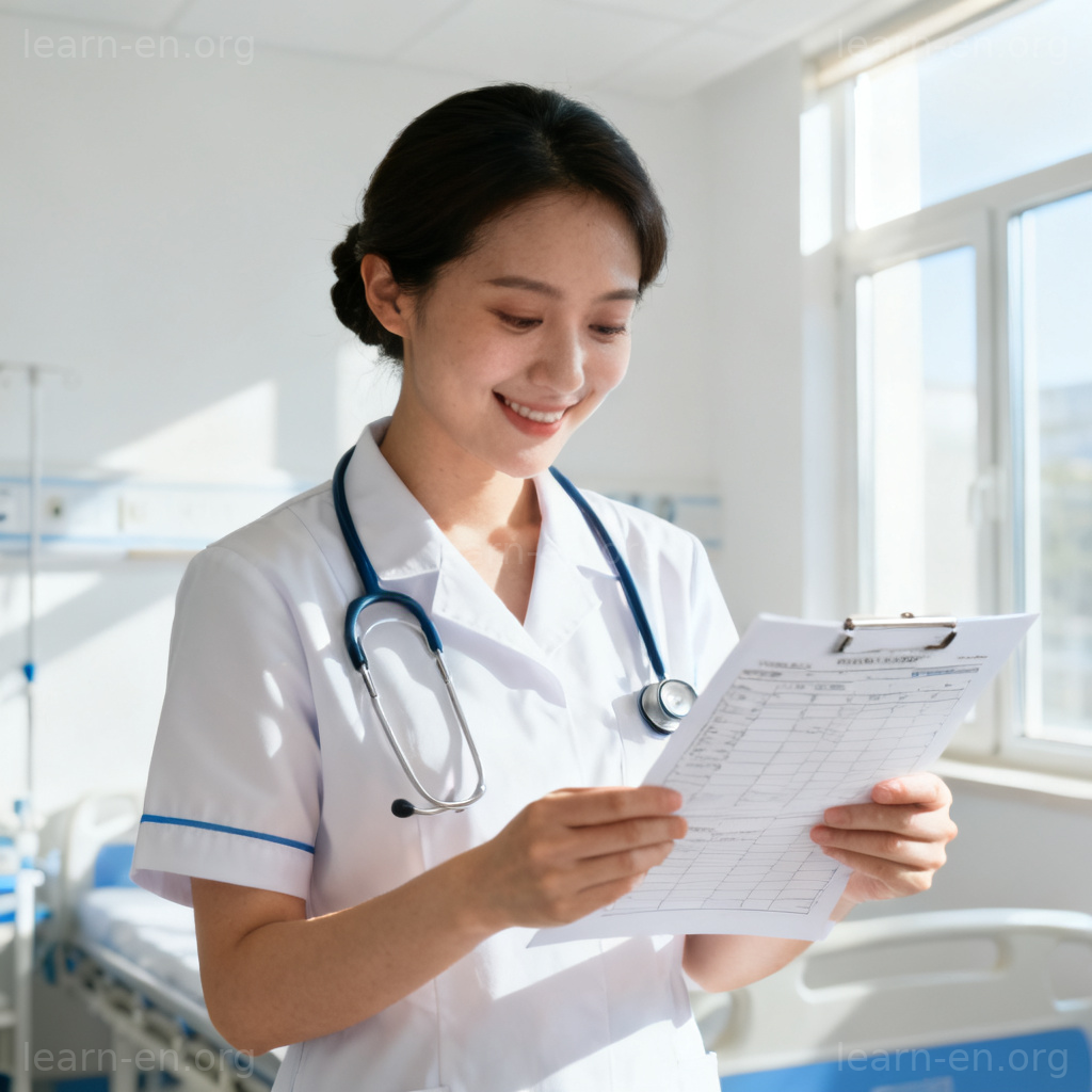 nurse 护士图解：身穿白色制服的护士在明亮病房中微笑工作