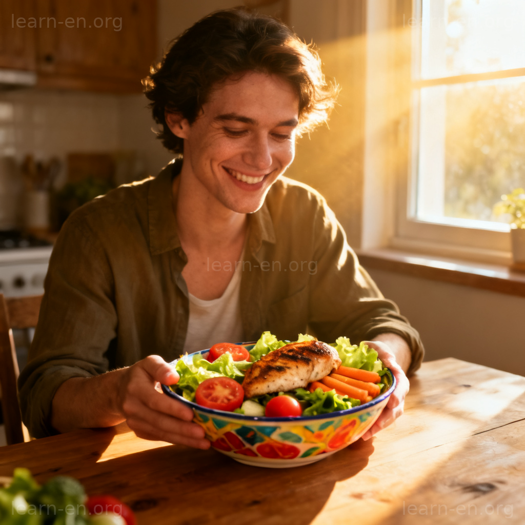 nutrition 营养含义图解：阳光下的健康沙拉与烤鸡