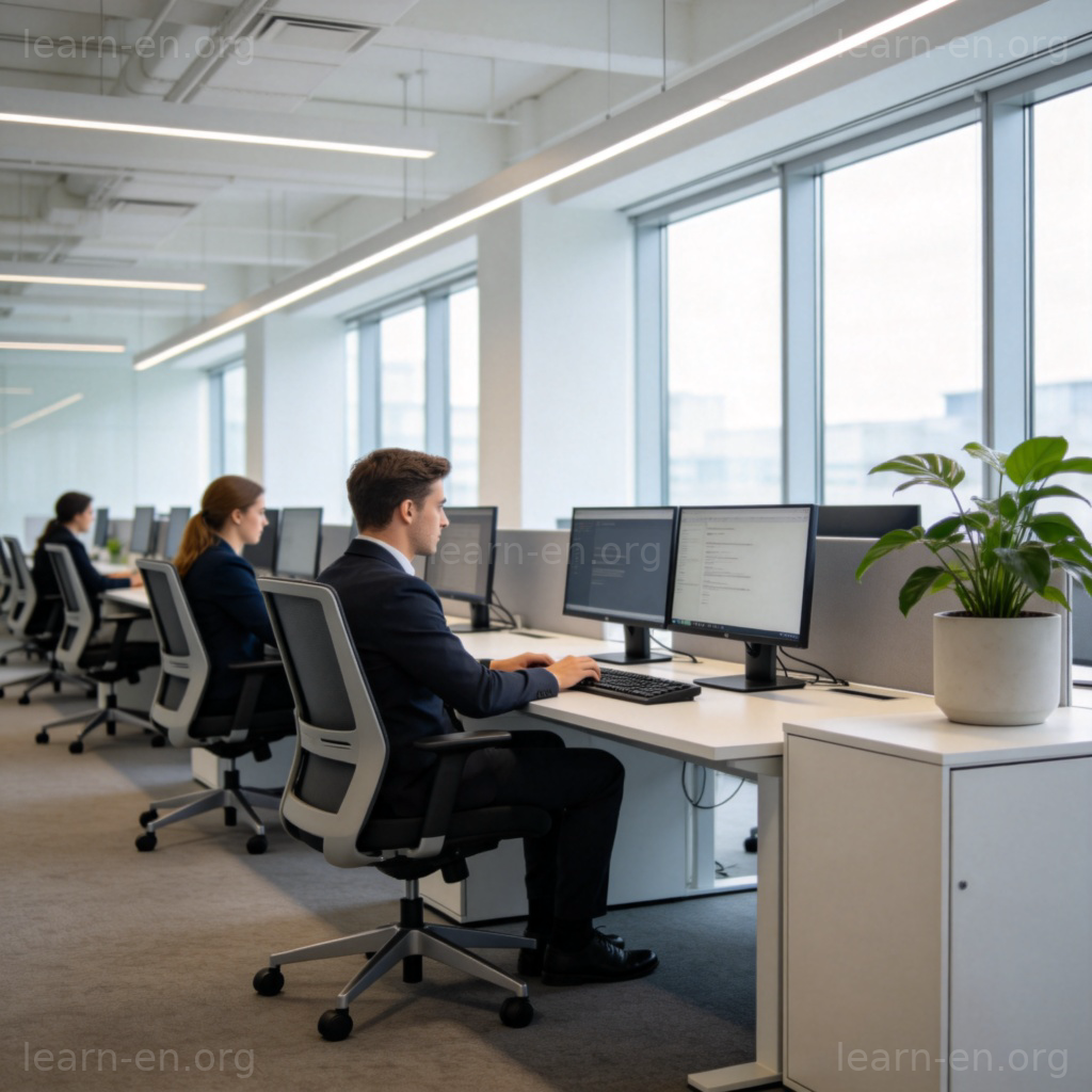 office 办公室场景图解：现代明亮办公室内景，员工在办公桌前工作