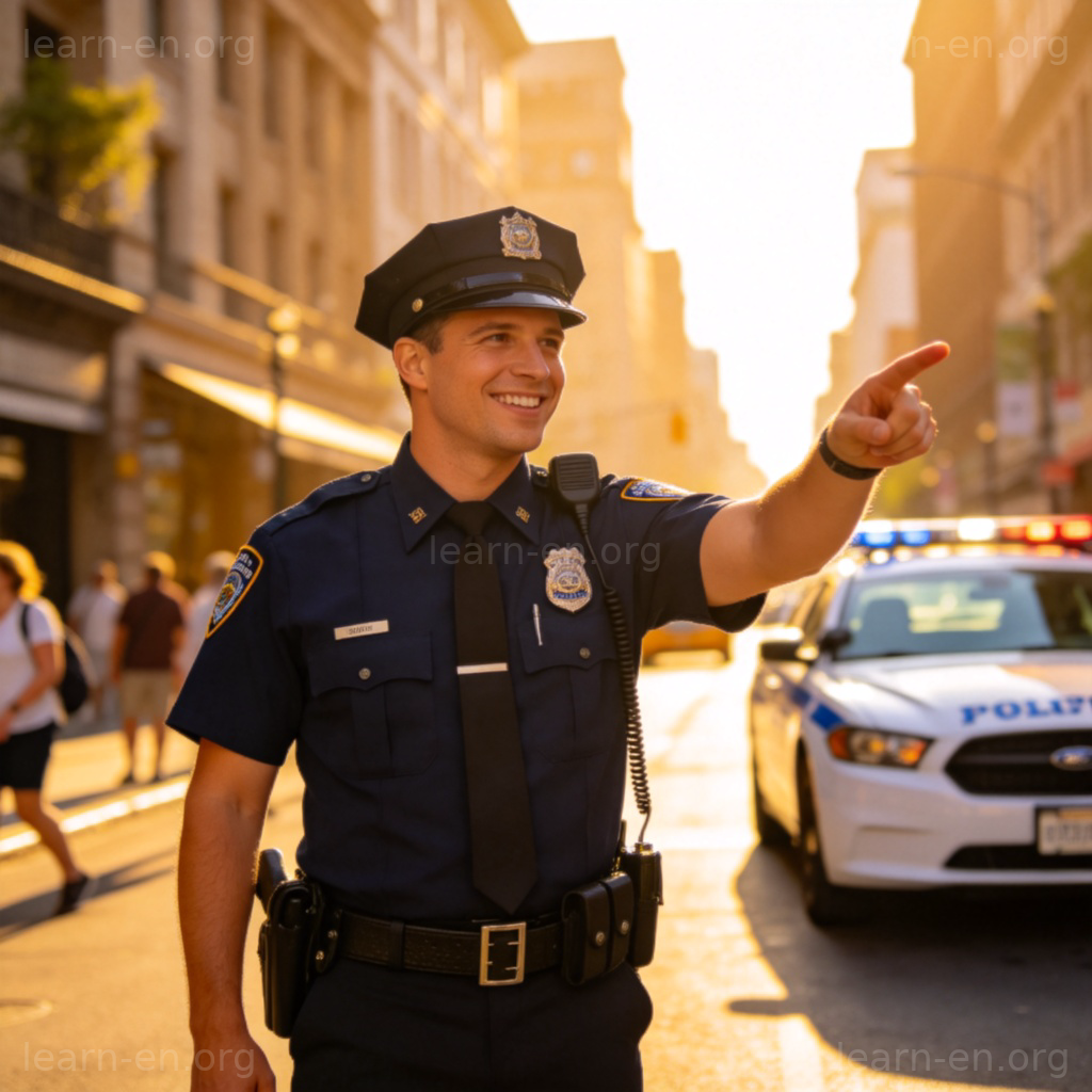 officer 警官含义图解：城市街道上执勤的友好警察