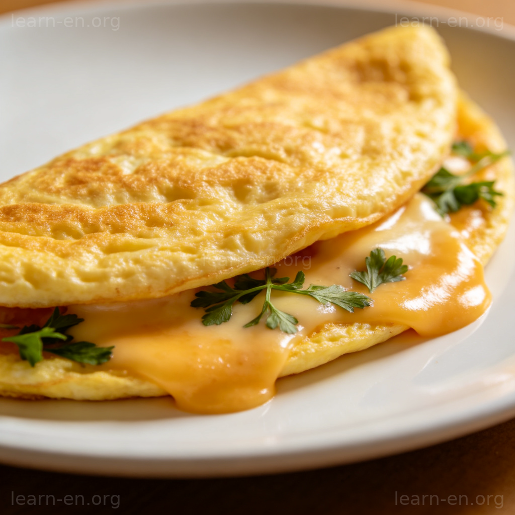 Omelette 煎蛋卷图解：金黄蓬松对折蛋饼，内馅芝士香草可见
