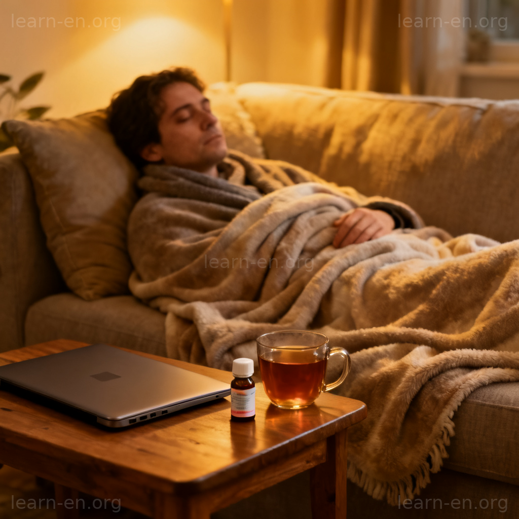 on sick leave 图解：居家休养场景，人物盖毯休息，旁有茶杯与药品