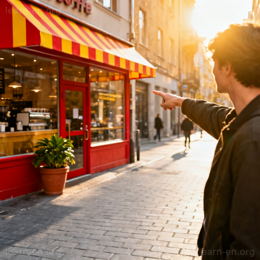 on your left 图解：人物指向街道左侧咖啡店的场景
