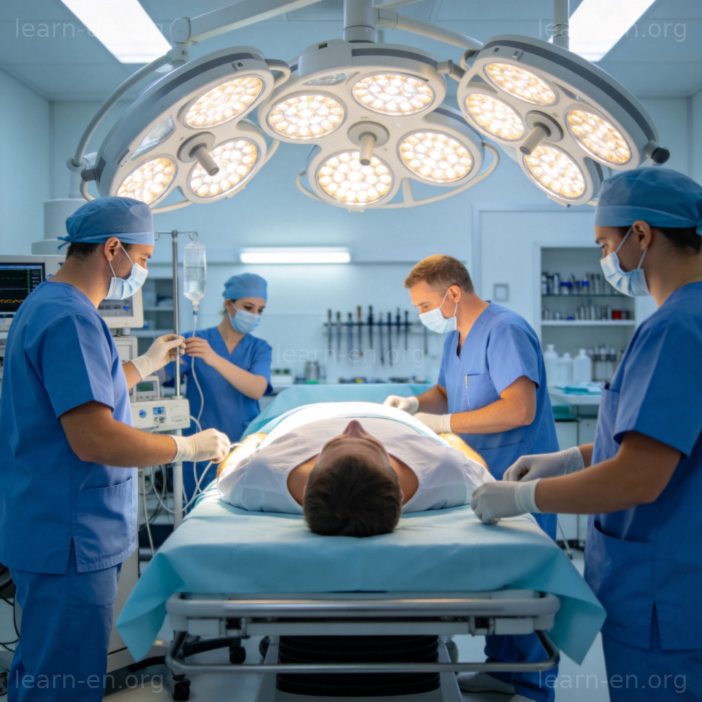 Operating Room 手术室场景图解：明亮洁净的房间，医生在无影灯下进行手术