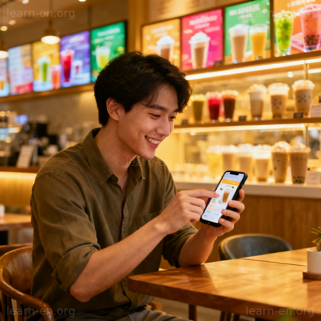 order a cup of milk tea 图解：在咖啡馆用手机点奶茶的场景