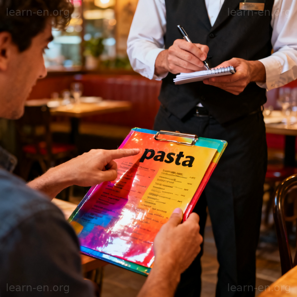order the pasta 图解：顾客指着菜单点意大利面的餐厅场景