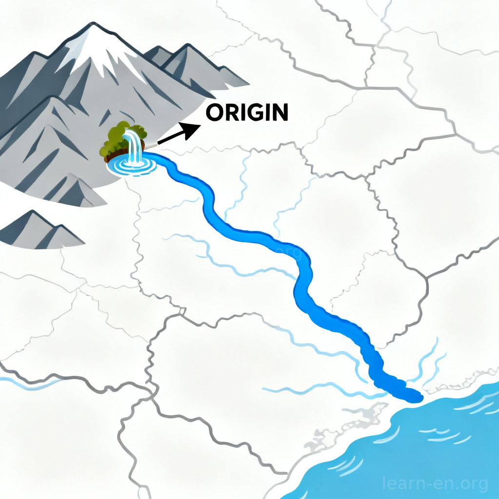 origin 起源图解：河流从山脉泉眼发源的地理示意图