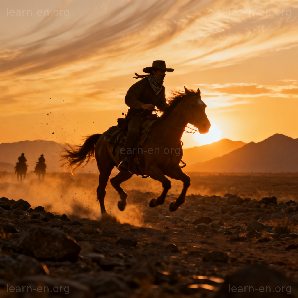 outlaw 逃犯图解：夕阳下蒙面骑手策马奔腾的孤寂场景