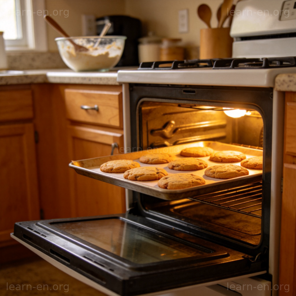 Oven 烤箱图解：厨房中正在烘烤金黄色饼干的温暖场景