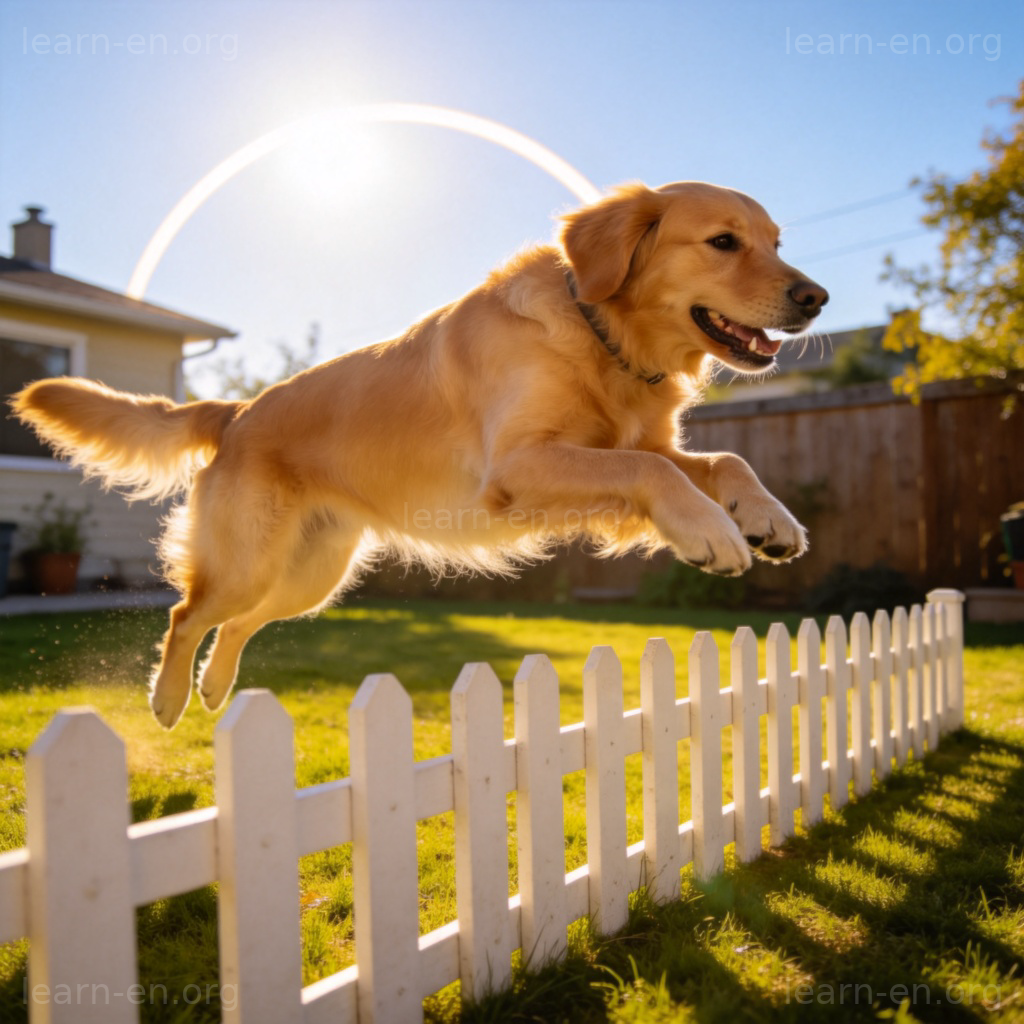 over动作场景：金毛犬跳跃越过白色栅栏