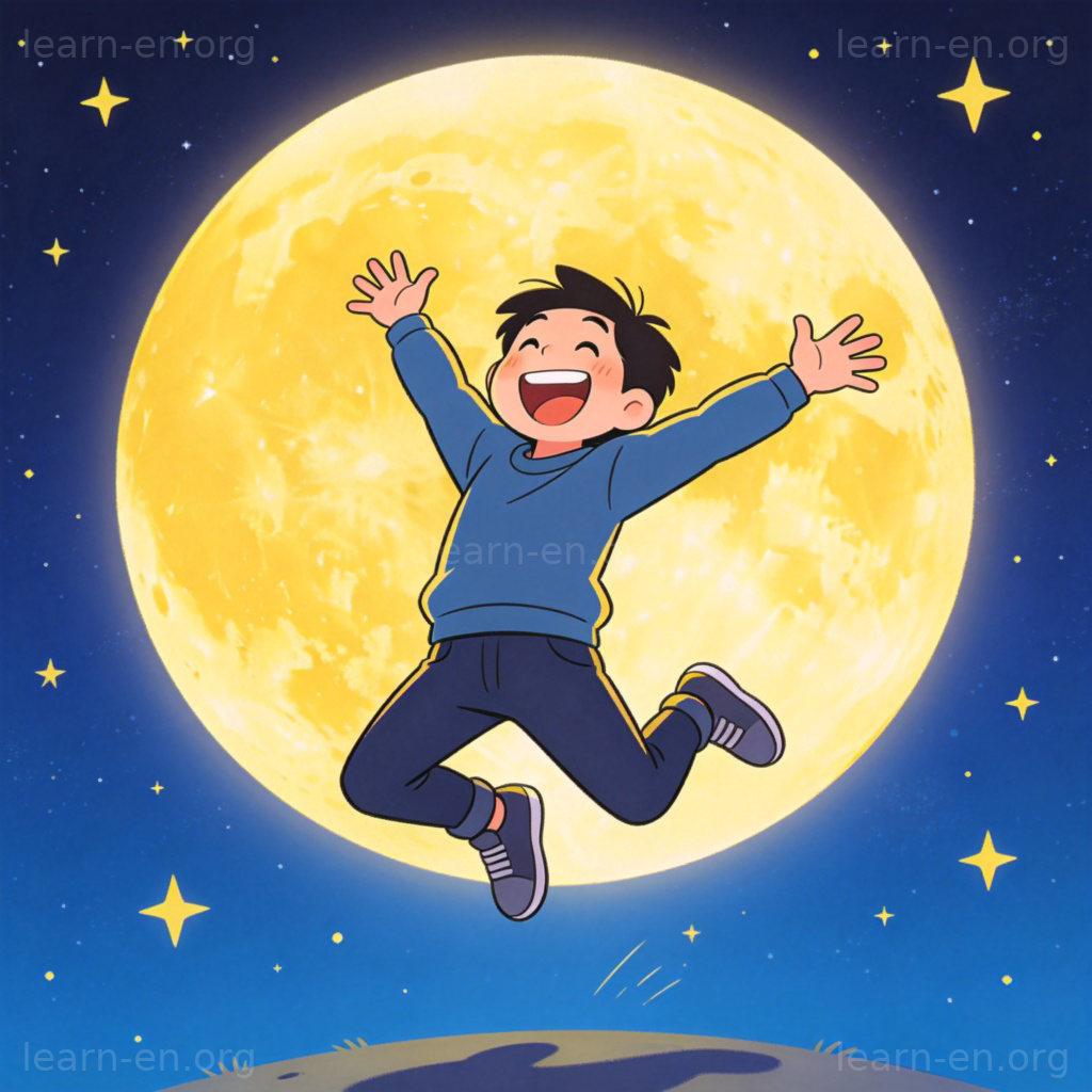 over the moon 习语图解：人物在卡通月亮下开心跳跃