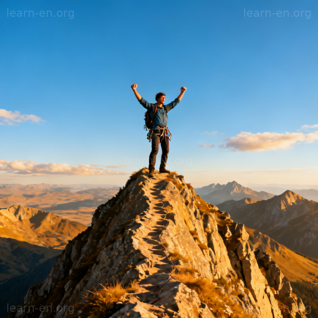 overcome 克服困难图解：登山者站在山顶庆祝胜利