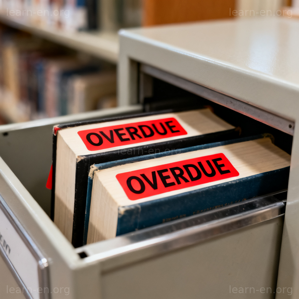 overdue 逾期含义图解：贴有红色逾期标签的图书馆书籍