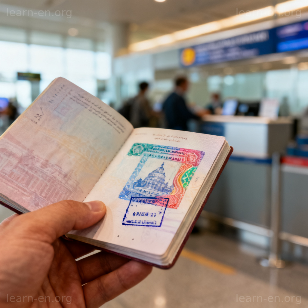overseas 动作图解：手持盖有外国签证印章的护照特写
