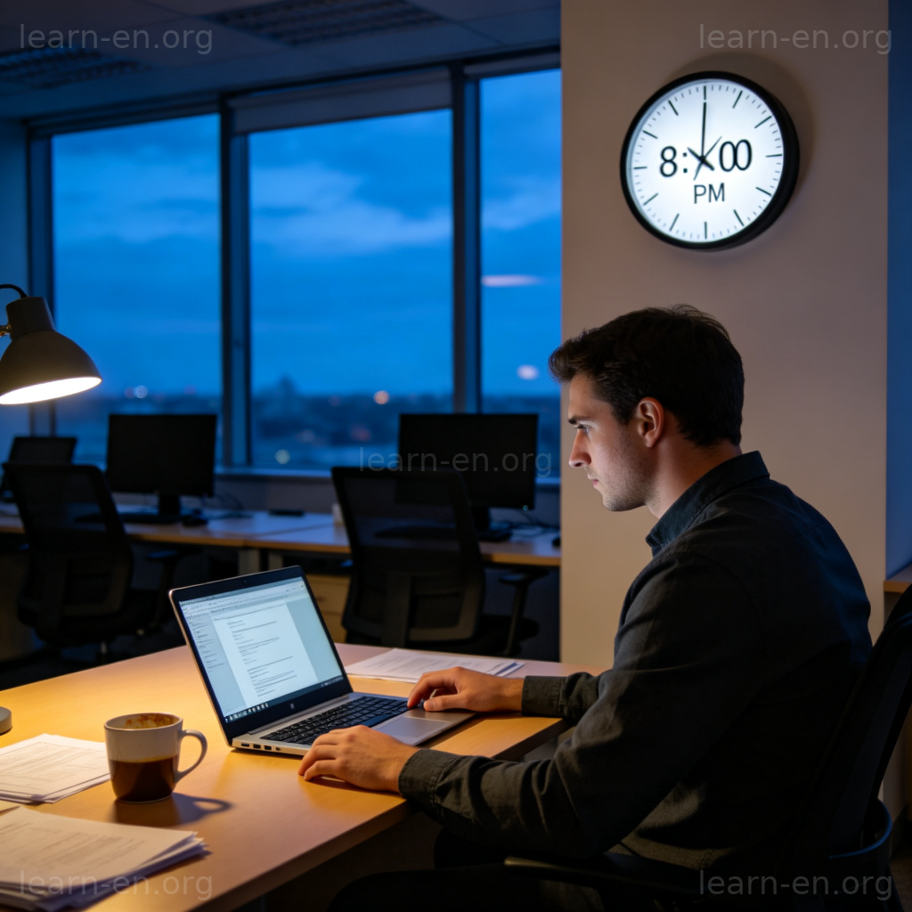 Overtime 加班场景图解：员工在晚上8点独自加班