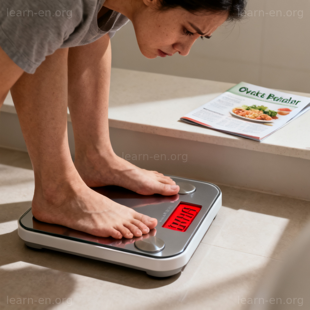 overweight 图解：人物站在体重秤上，显示超重数值的担忧场景