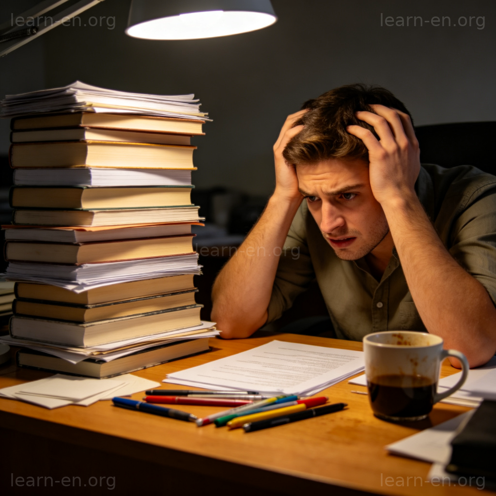 overwhelmed 图解：面对堆积如山的文件，人物感到压力巨大不知所措