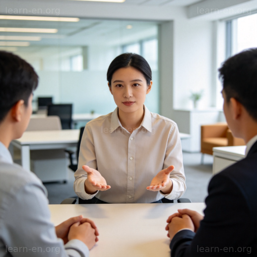 own 承认含义图解：人物在会议中坦诚发言，表示承担责任
