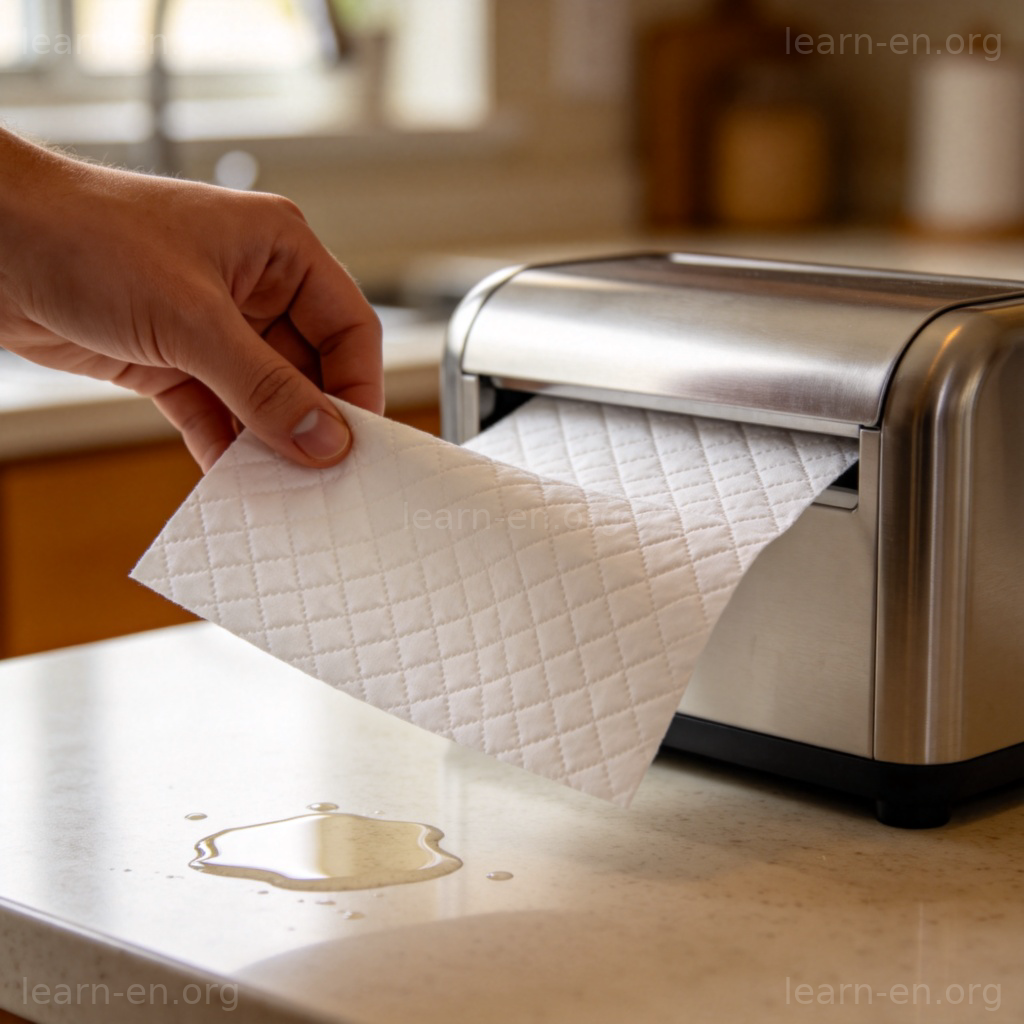 Paper Towel 图解：厨房台面不锈钢架上抽取白色压花纸巾