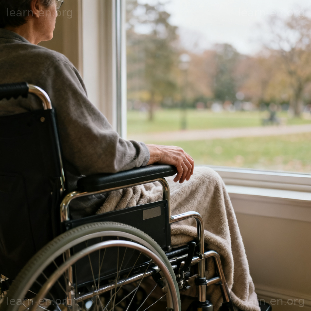 paralysis 瘫痪含义图解：坐轮椅者望向窗外，象征运动功能丧失