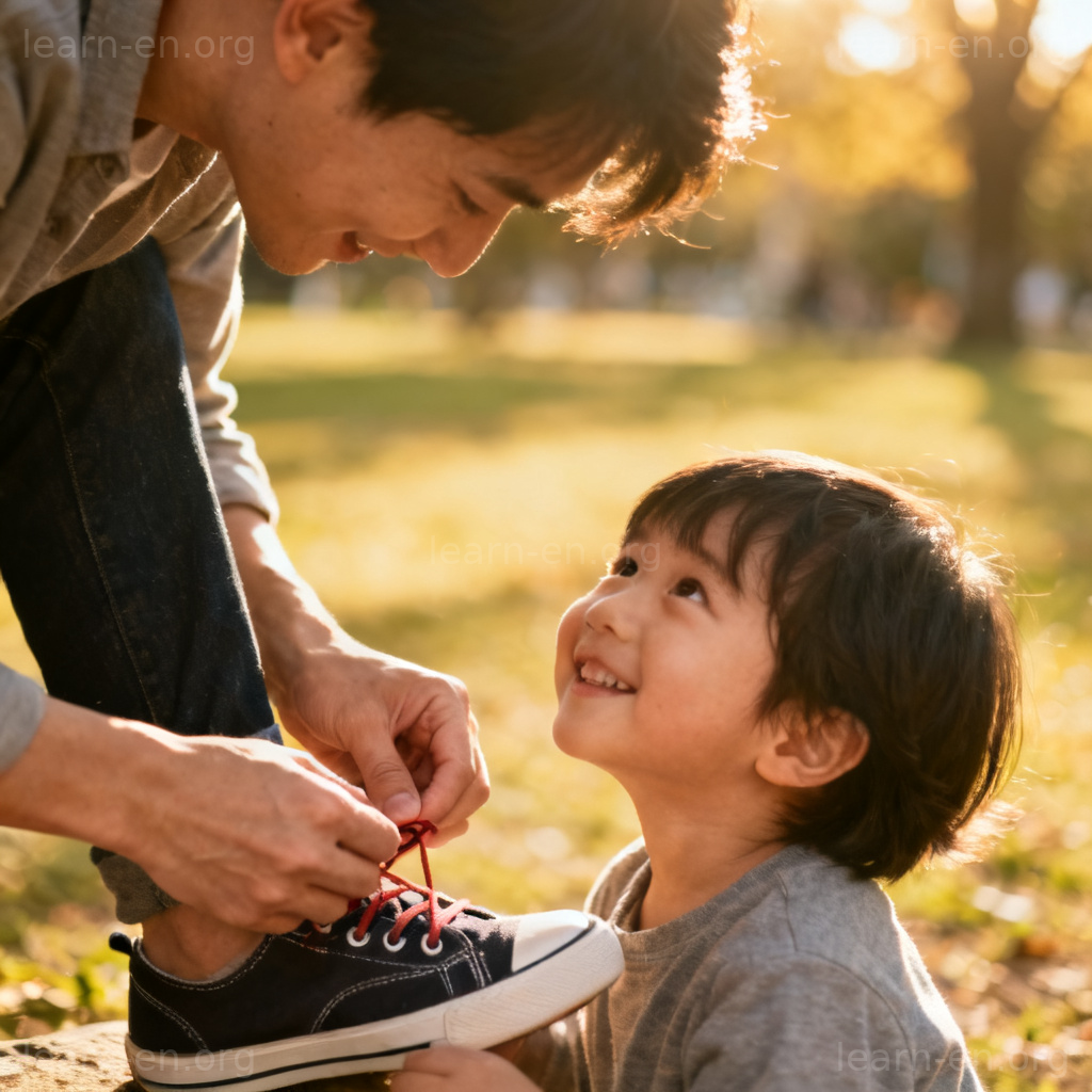 parental 含义图解：父母为孩子系鞋带的温馨场景