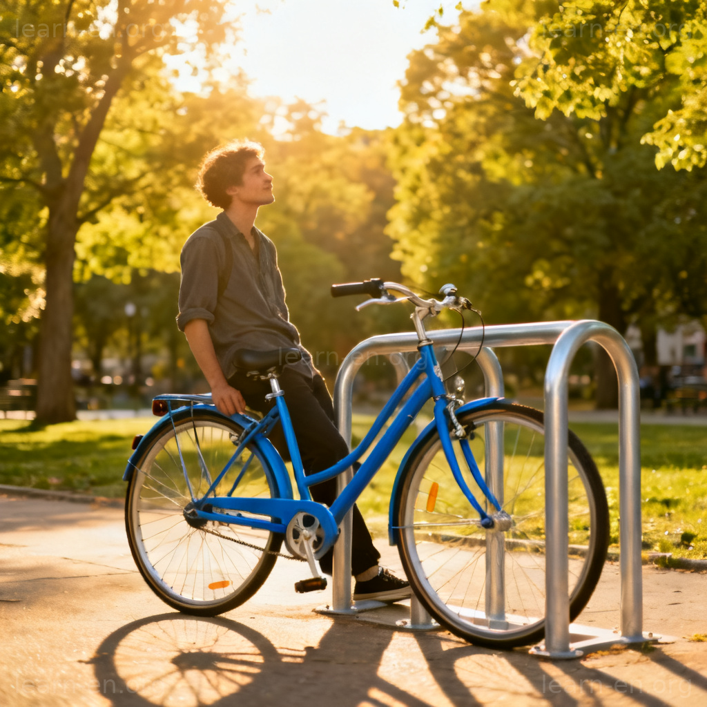 park the bike 图解：阳光公园中蓝色自行车停放在金属架旁
