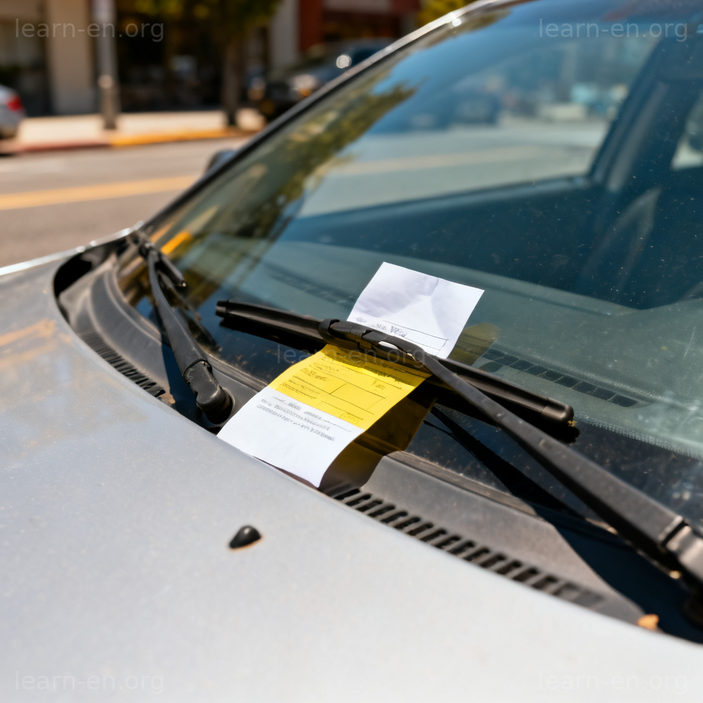 parking ticket 图解：一张黄白罚单夹在路边停车挡风玻璃雨刷下