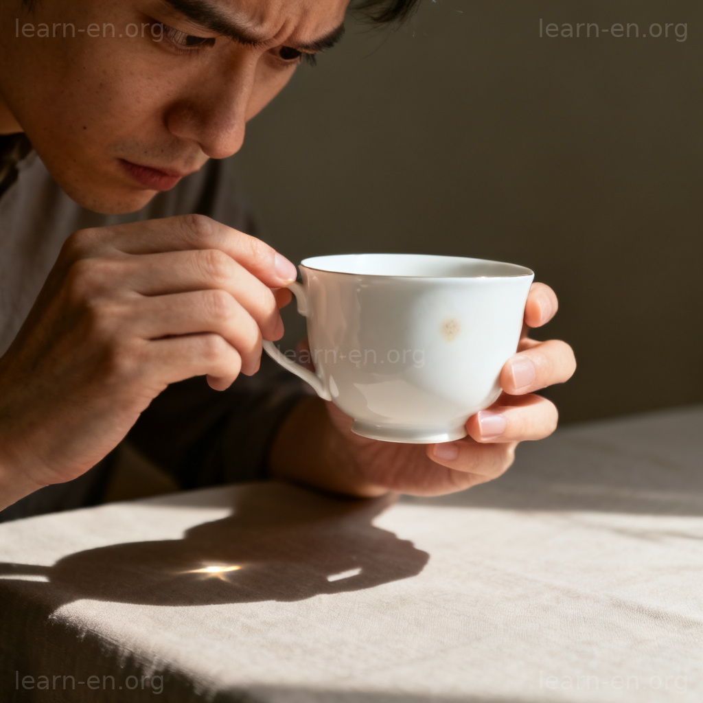 particular 挑剔含义图解：仔细检查茶杯瑕疵的讲究动作