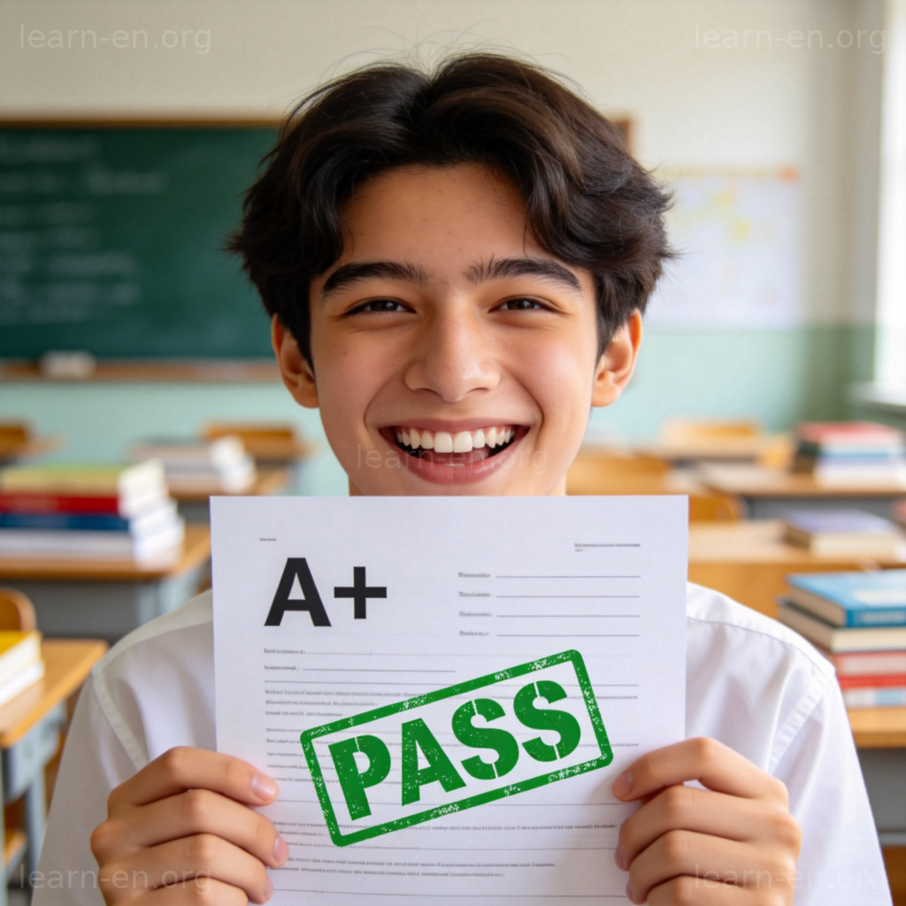 pass 通过含义图解：学生手持打勾的试卷