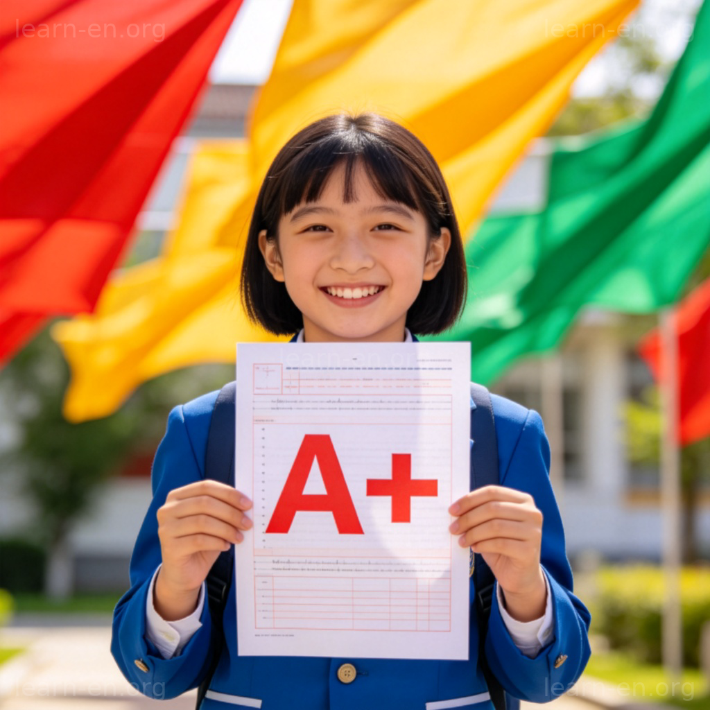 Pass with Flying Colors 图解：学生高举A+试卷，背景彩旗庆祝成功