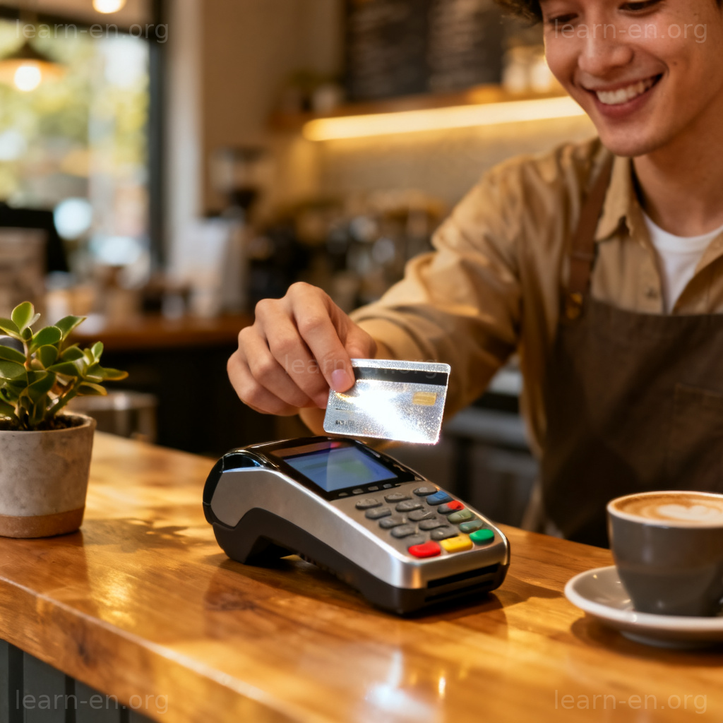 pay by credit card 图解：顾客在咖啡店使用信用卡轻触支付终端
