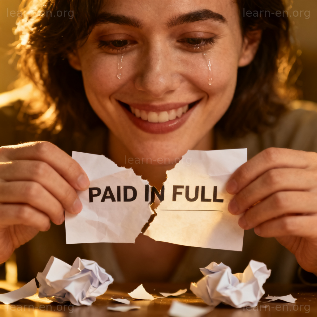 pay off debt 图解：人物撕毁“已全额付清”账单的轻松场景