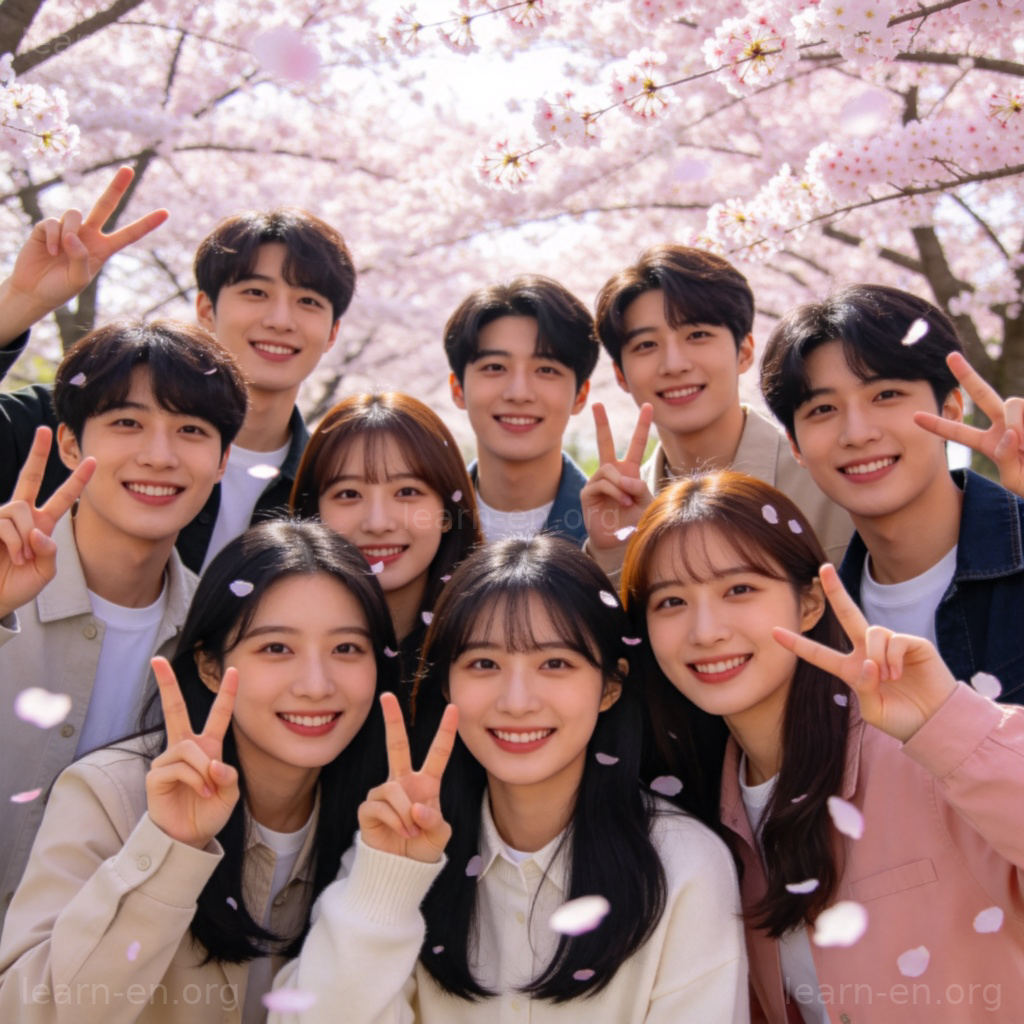 Peace Sign 手势图解：年轻人在樱花树下比V字和平手势