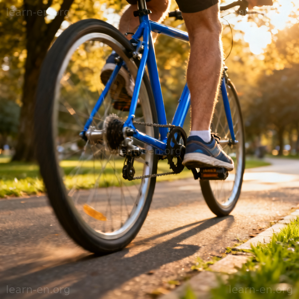 pedal动词图解：运动鞋踩动蓝色自行车踏板