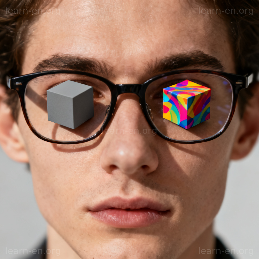 perception 含义图解：透过不同眼镜看同一立方体，展现主观看法差异