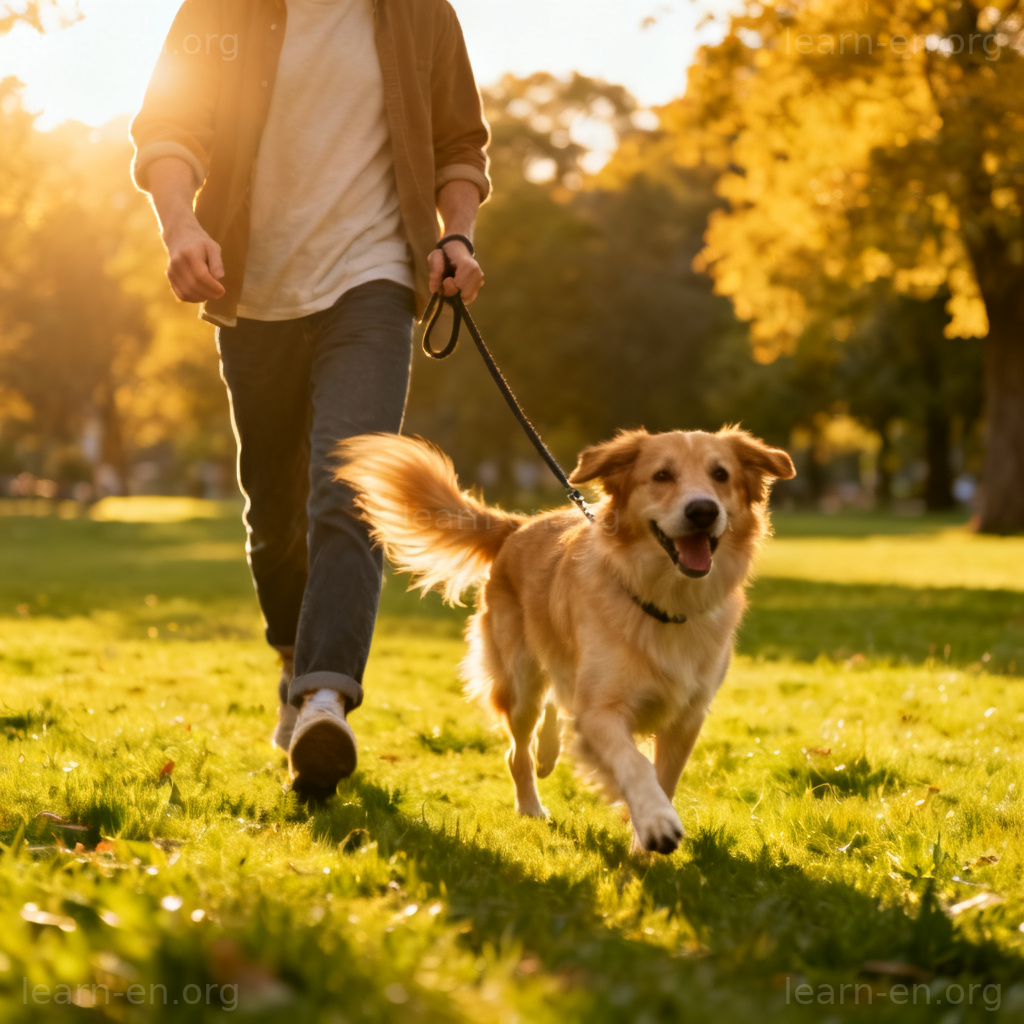 pet owner 图解：主人在阳光公园遛狗的幸福场景