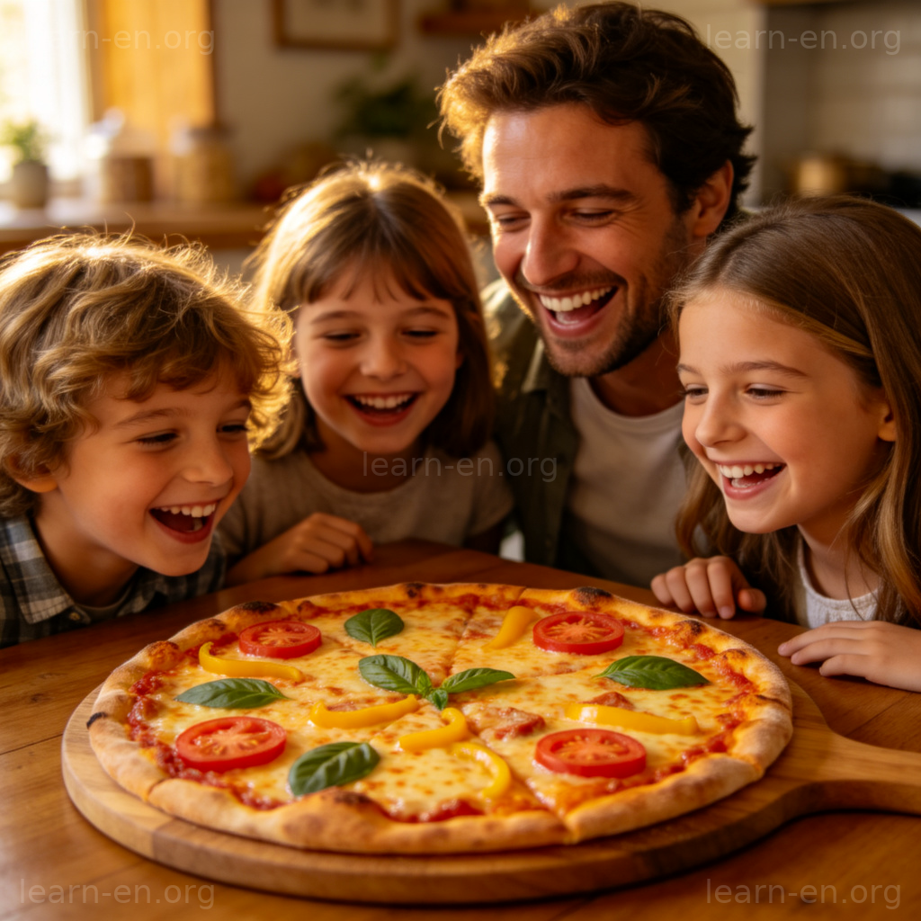 Pizza 图解：一家人围坐享用色彩丰富、芝士拉丝的披萨