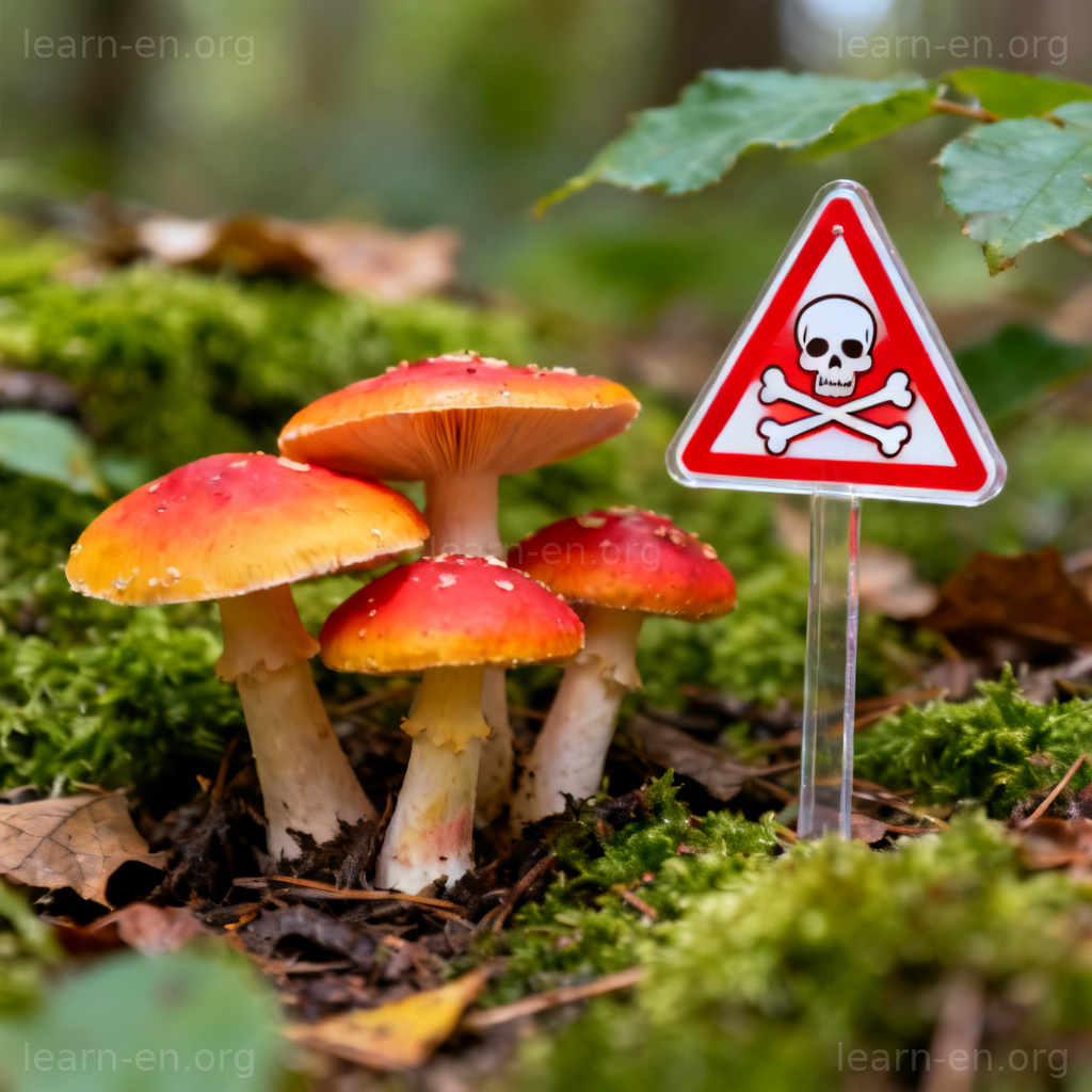 poisonous有毒含义图解：森林中色彩鲜艳的毒蘑菇与警示标志