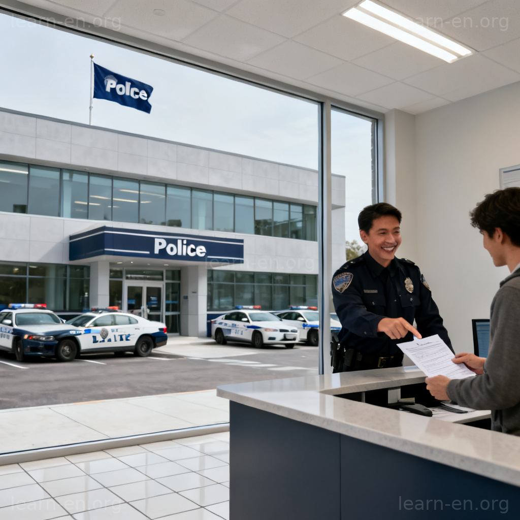 police station 警察局场景图解：现代警局建筑、警车与前台服务