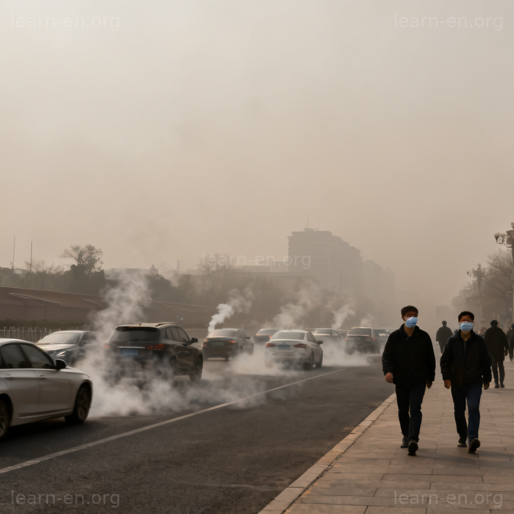 pollution 污染场景图解：雾霾笼罩下的城市与汽车尾气