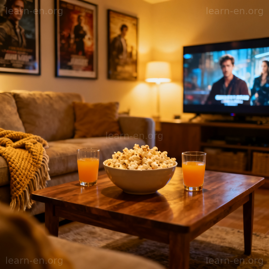 popcorn and a drink 图解：桌上摆放爆米花与饮料的电影时光场景