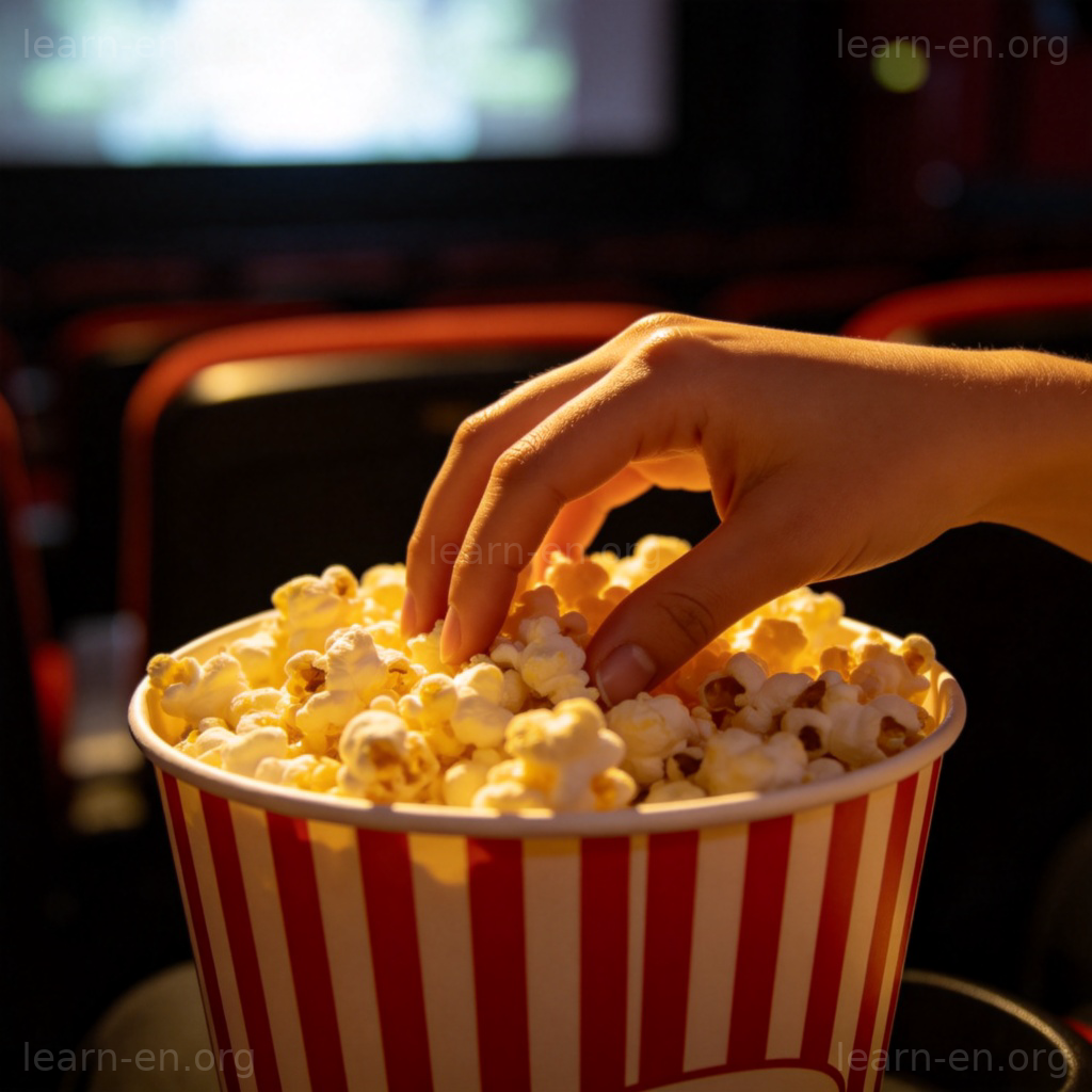 Popcorn 爆米花图解：电影院中手拿纸桶享用黄油爆米花