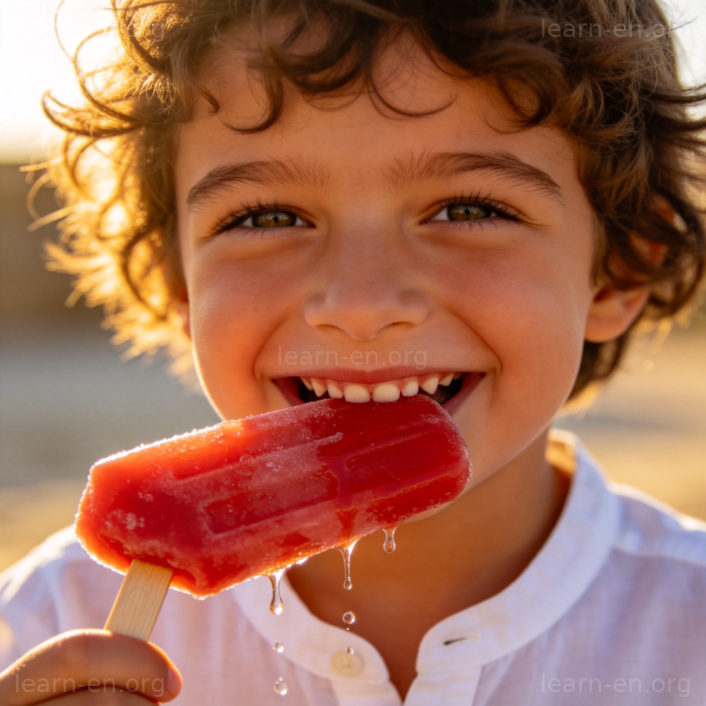 Popsicle 图解：阳光下孩子手持红色冰棍，冰棍融化滴落