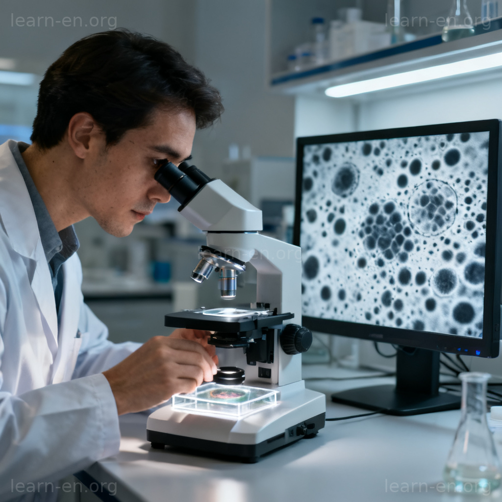 positive 明确含义图解：科学家通过显微镜观察清晰图像
