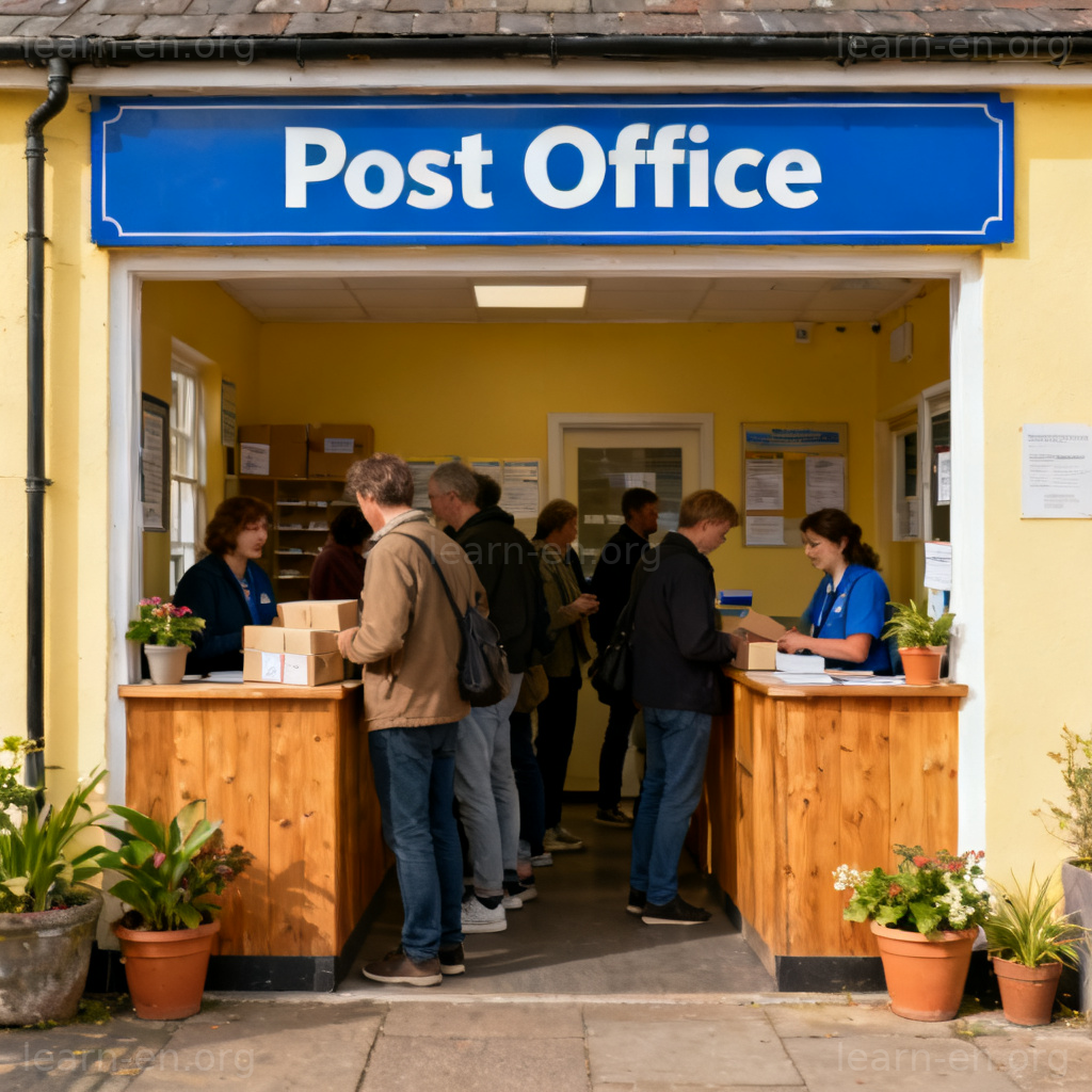 post office 邮局场景图解：蓝色标识建筑内人们排队寄包裹