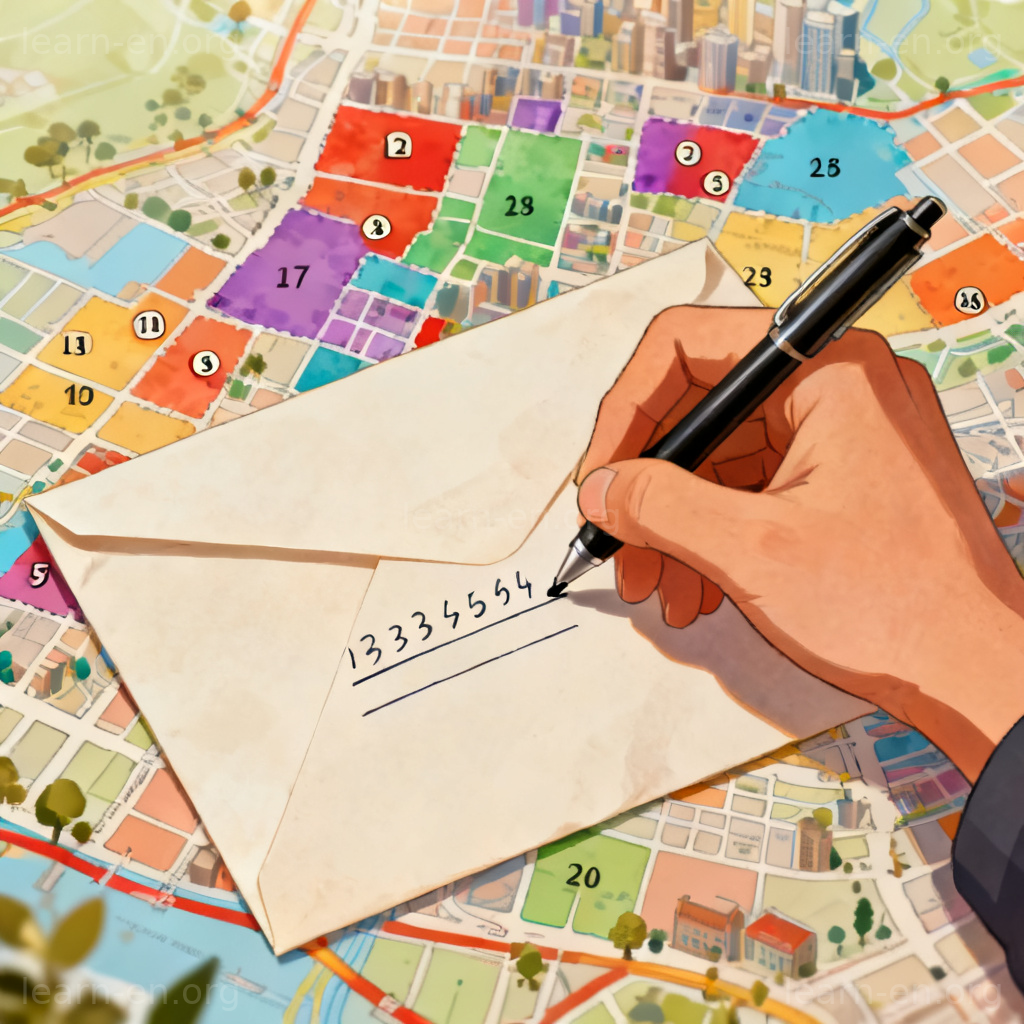 postal code 图解：在信封上填写邮政编码，背景为分区地图