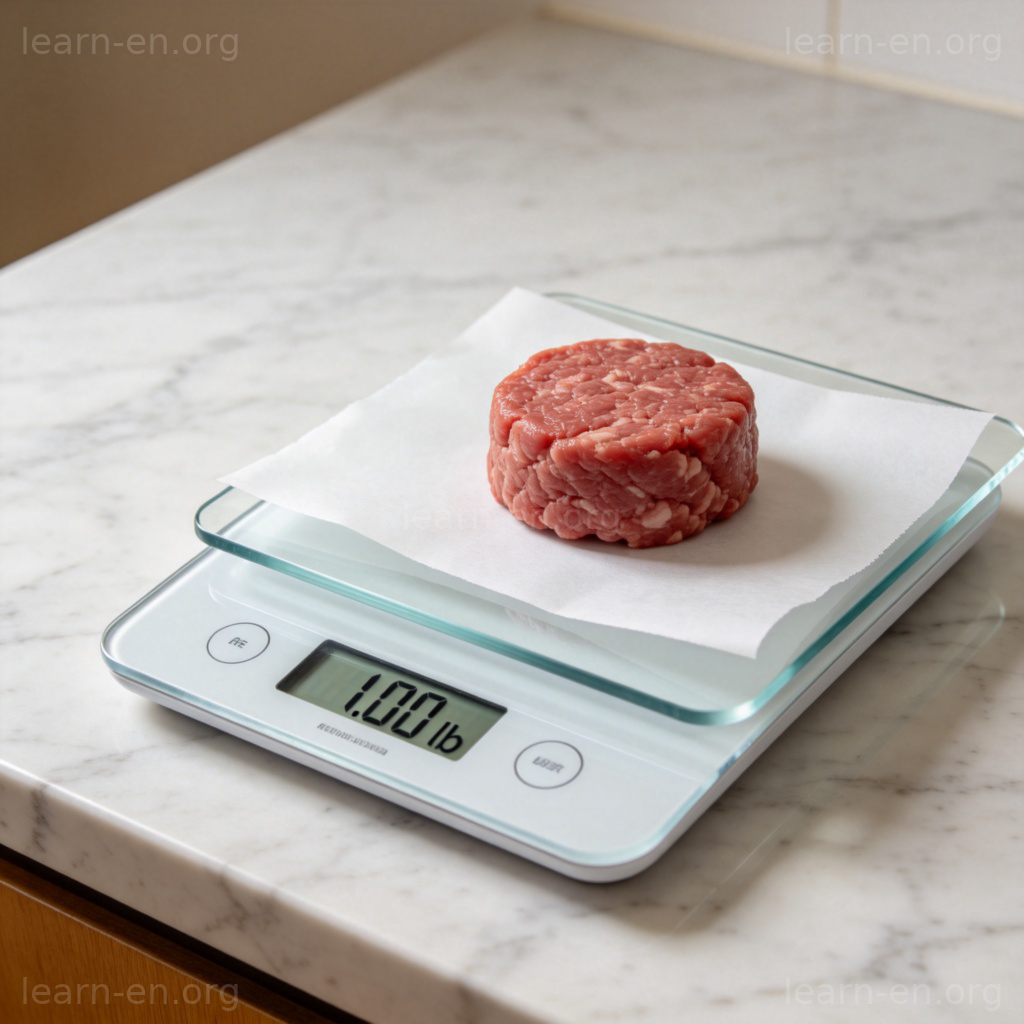 1磅重量图解：厨房秤显示1磅与牛肉对照