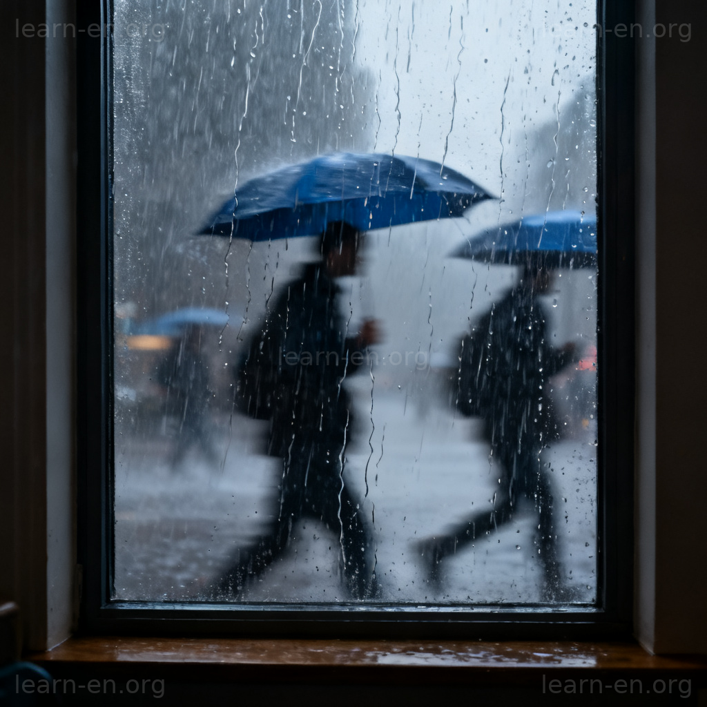 pour 场景图解：透过窗户看大雨倾盆而下的街道景象