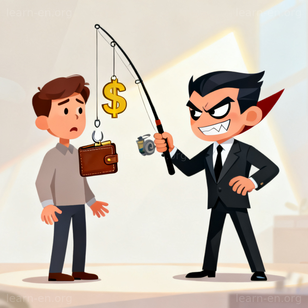 predatory 掠夺性含义图解：西装反派用金钱诱饵钓取消费者钱包